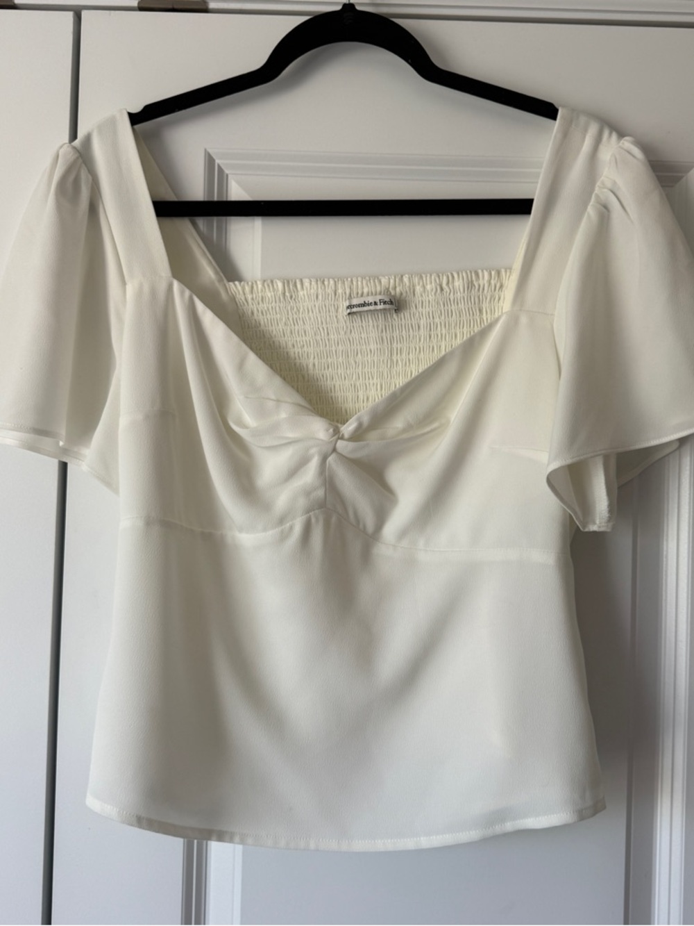 Abercrombie & Fitch Cream Square-Neck Flutter Sleeve Blouse